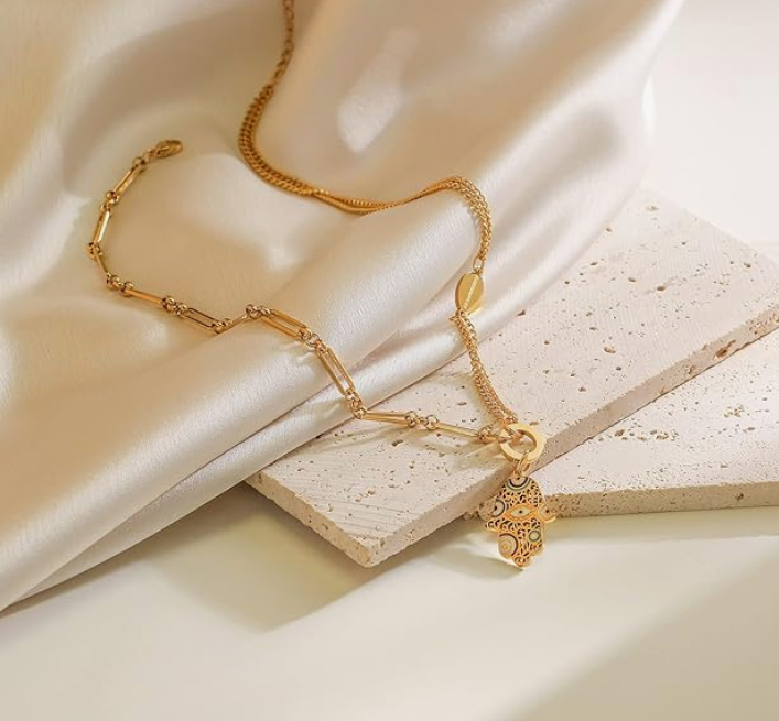 Koch La Ni Artistic Hamsa Necklace with Dual Chain Design