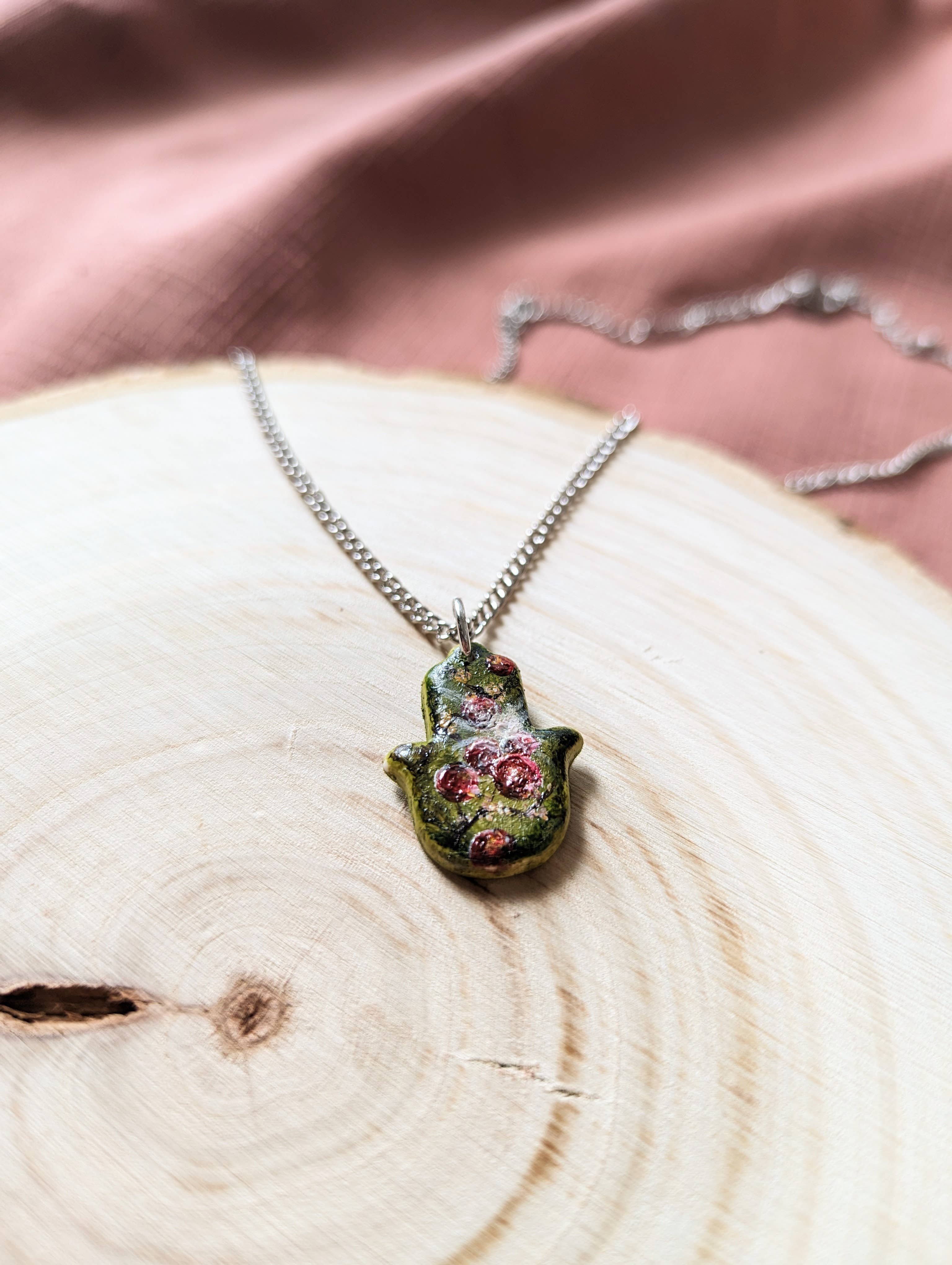 Hamsa Necklace with Hand-Painted Pomegranates