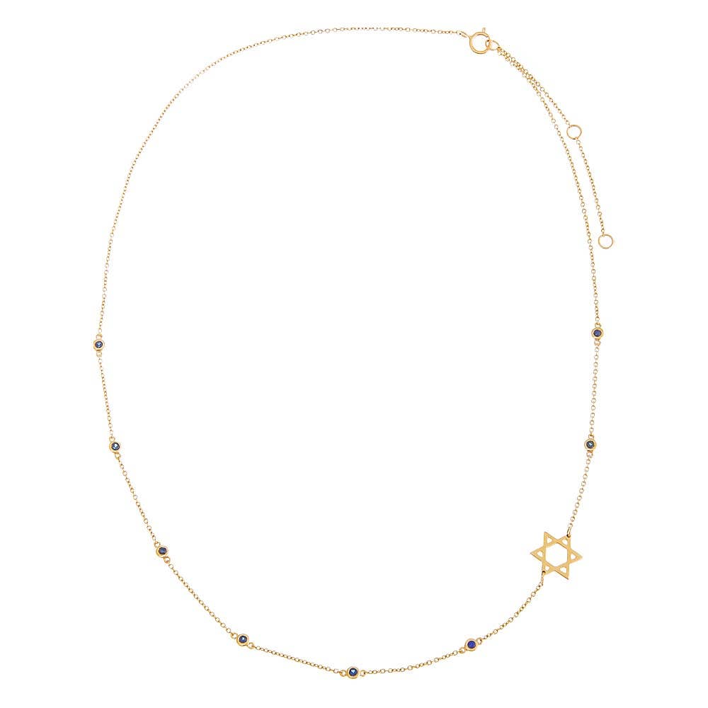 Sapphire Blue Bezel Star Of David Necklace - 14K Gold
