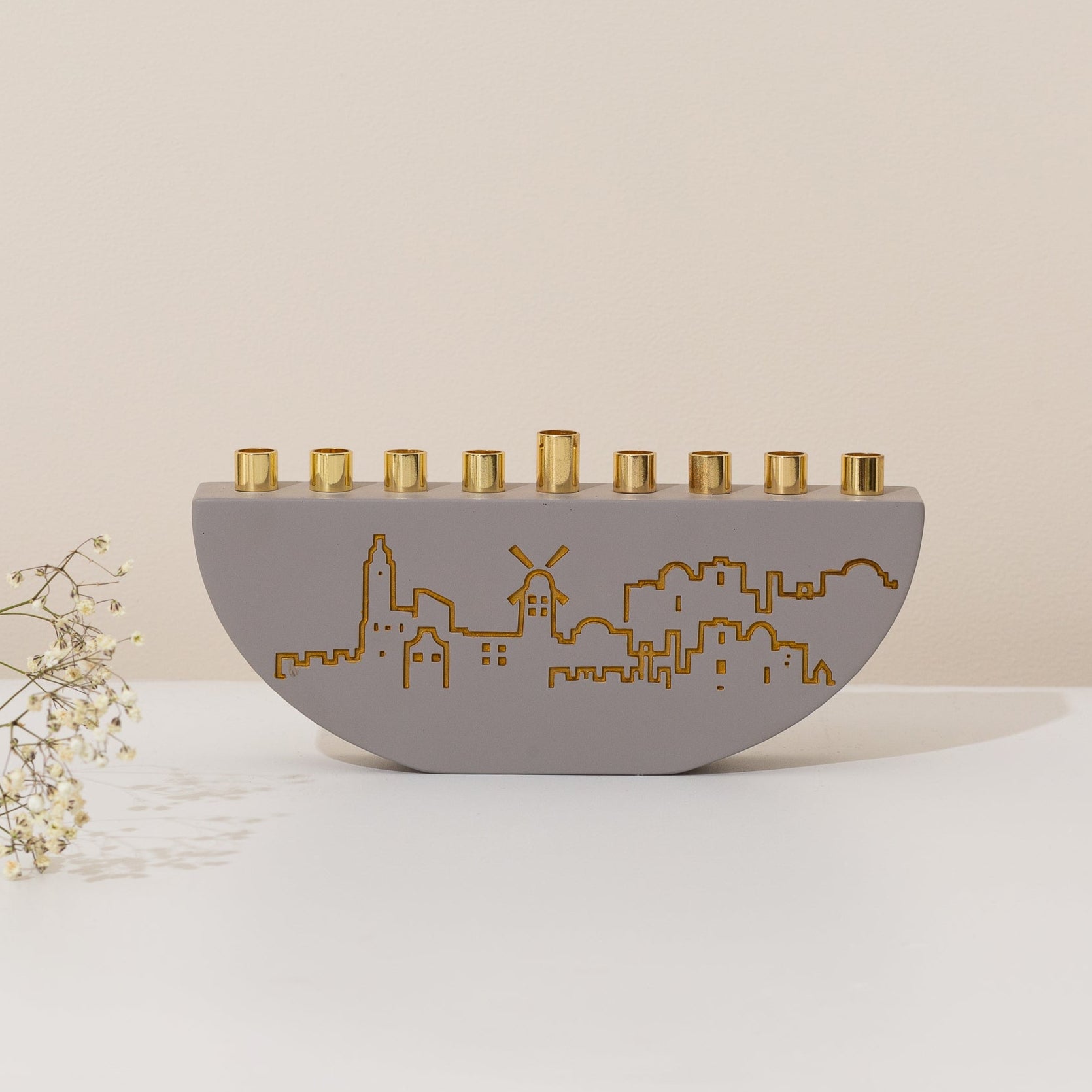 Handmade Concrete Menorah – Jerusalem Outline L Series
