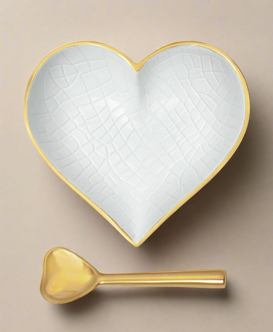 Happy Gold & White Croco Heart Dish with Gold Heart Spoon