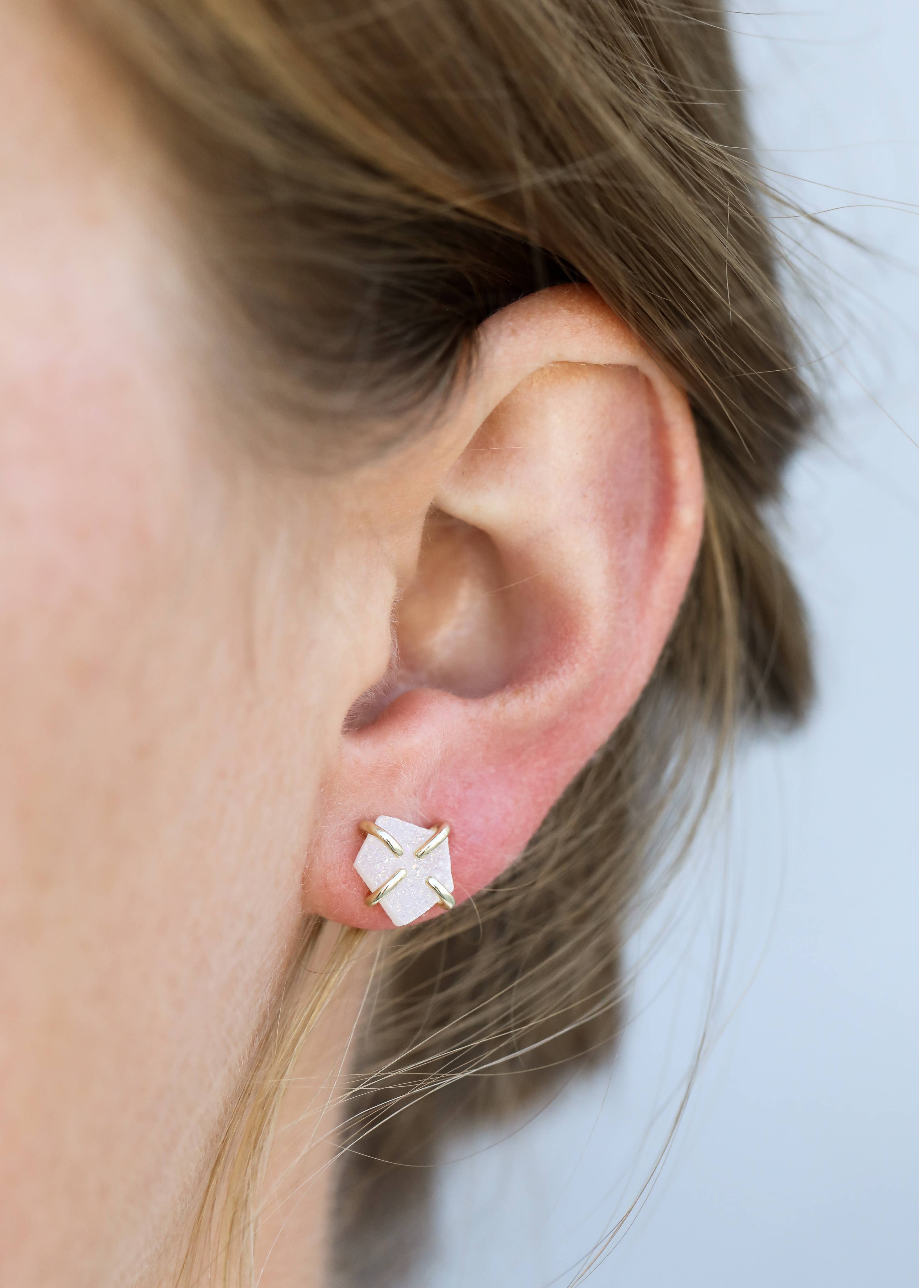 Druzy Prong White Earrings